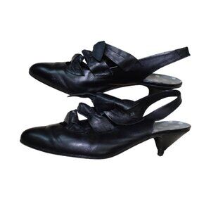 Momento VTG Black Slingback Kitten Heels Size 8.5 Bow Tie Pointed Toe Pumps